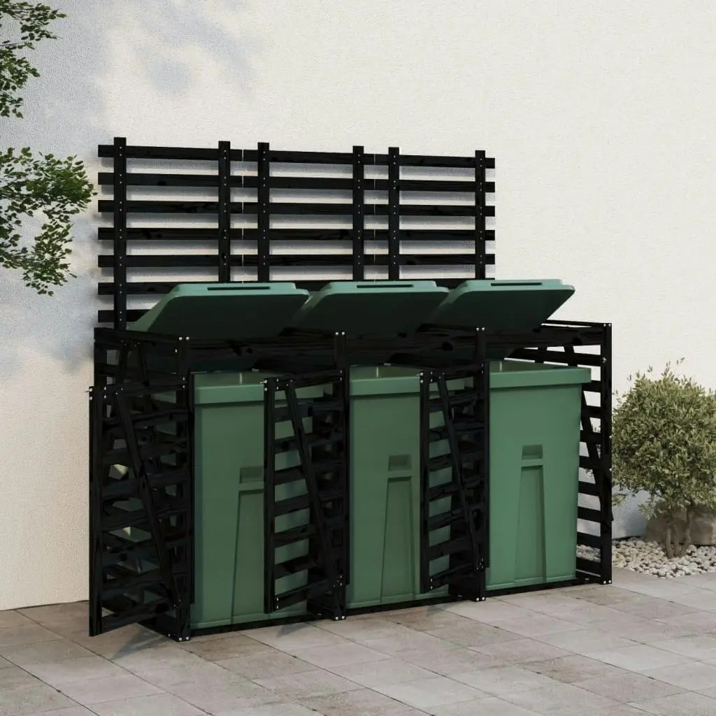 Triple Wheelie Bin Storage Black Solid Wood Pine 3157695