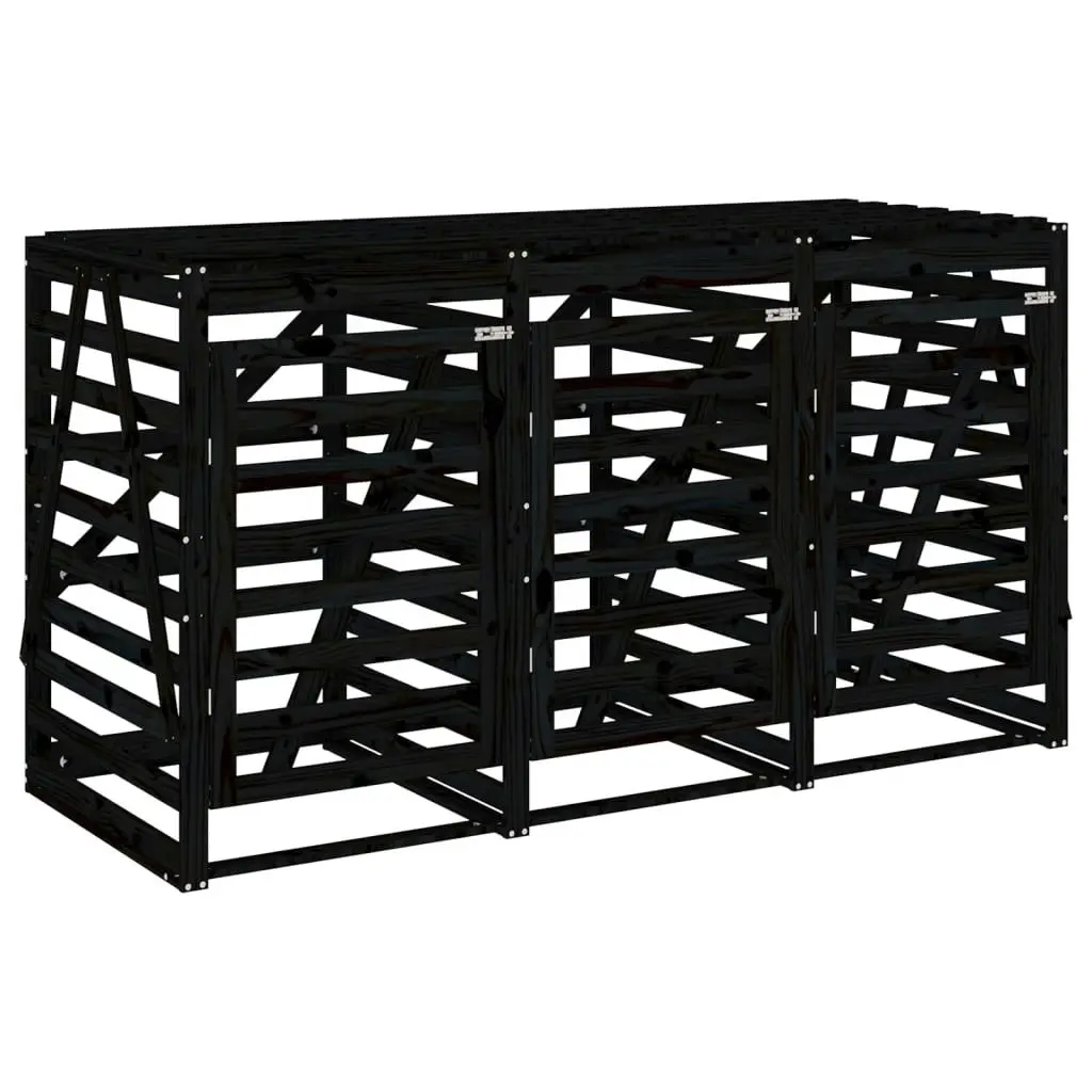 Triple Wheelie Bin Storage Black Solid Wood Pine 3157695