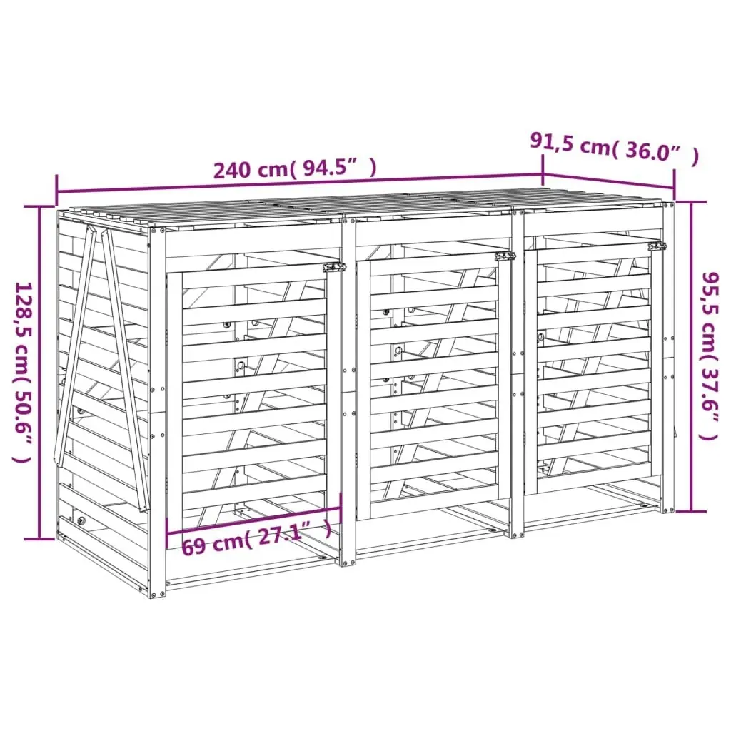 Triple Wheelie Bin Storage Black Solid Wood Pine 3157695