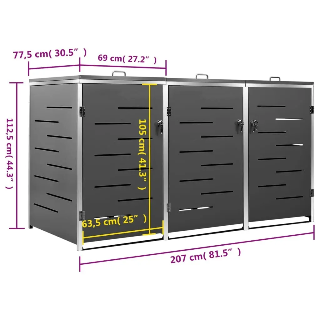 Triple Wheelie Bin Shed 207x77.5x112.5 cm Stainless Steel 149556