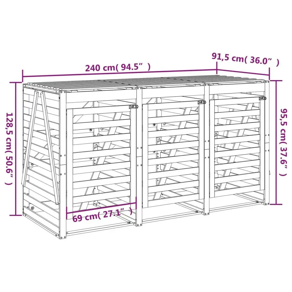 Triple Wheelie Bin Storage Solid Wood Pine 3157691