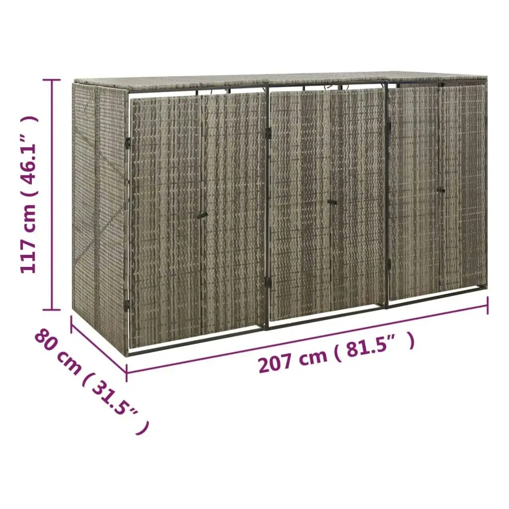 Triple Wheelie Bin Shed Grey 207x80x117 cm Poly Rattan 319866