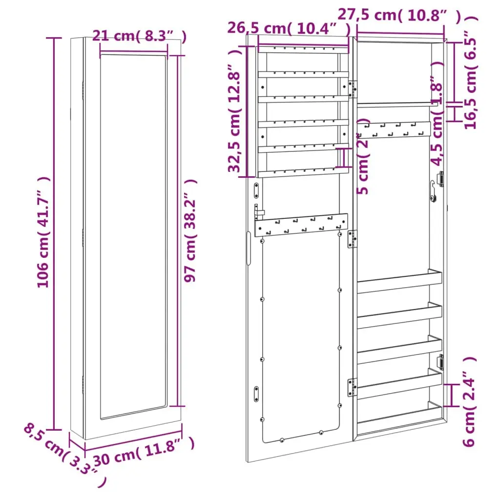 Mirror Jewellery Cabinet Wall Mounted White 30x8.5x106 cm 353214