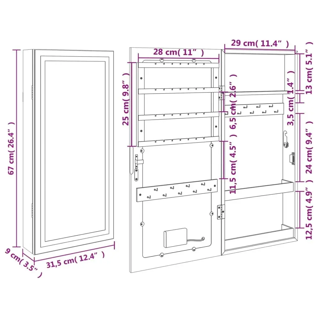 Mirror Jewellery Cabinet with LED Lights Wall Mounted White 353247