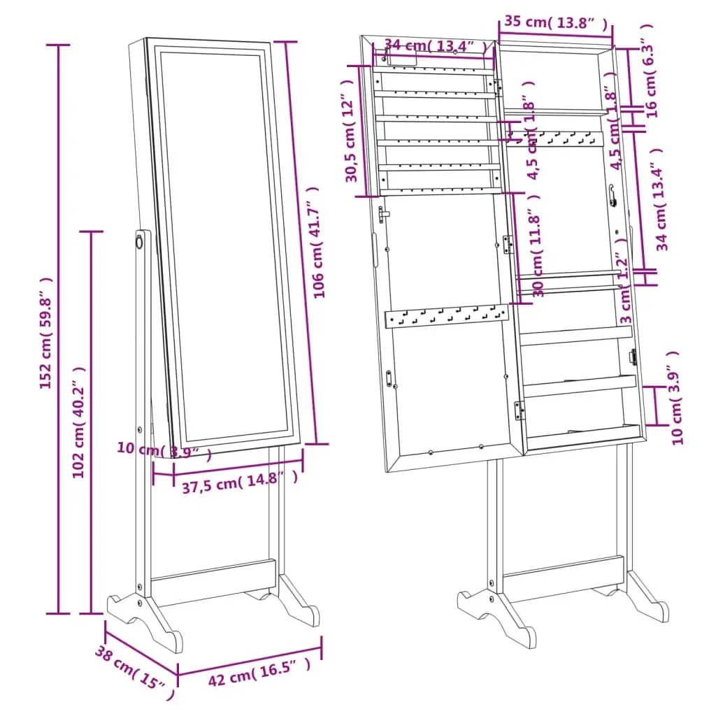 Mirror Jewellery Cabinet with LED Lights Free Standing White 353262