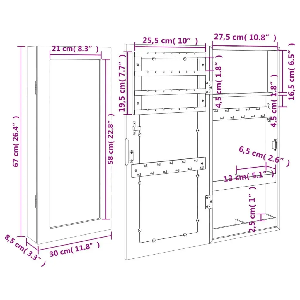 Mirror Jewellery Cabinet Wall Mounted White 30x8.5x67 cm 353208