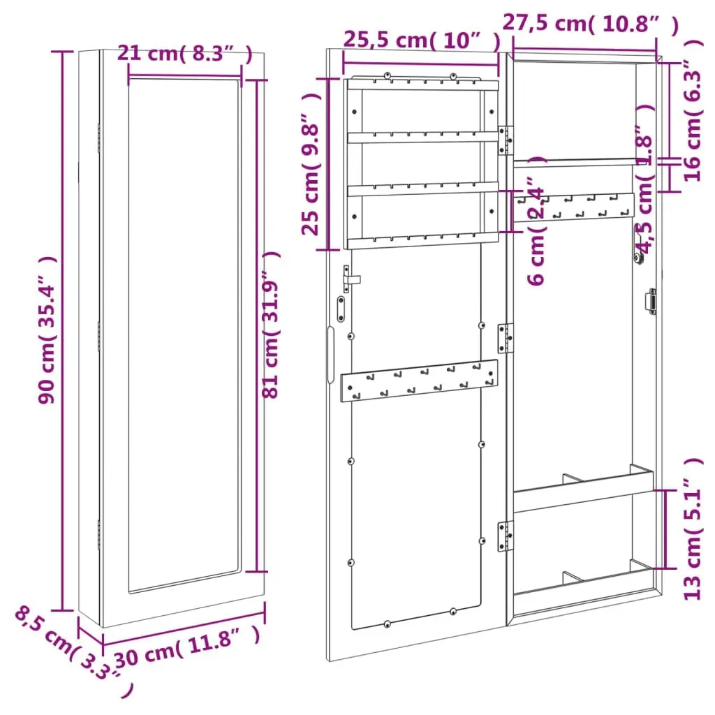 Mirror Jewellery Cabinet Wall Mounted White 30x8.5x90 cm 353211