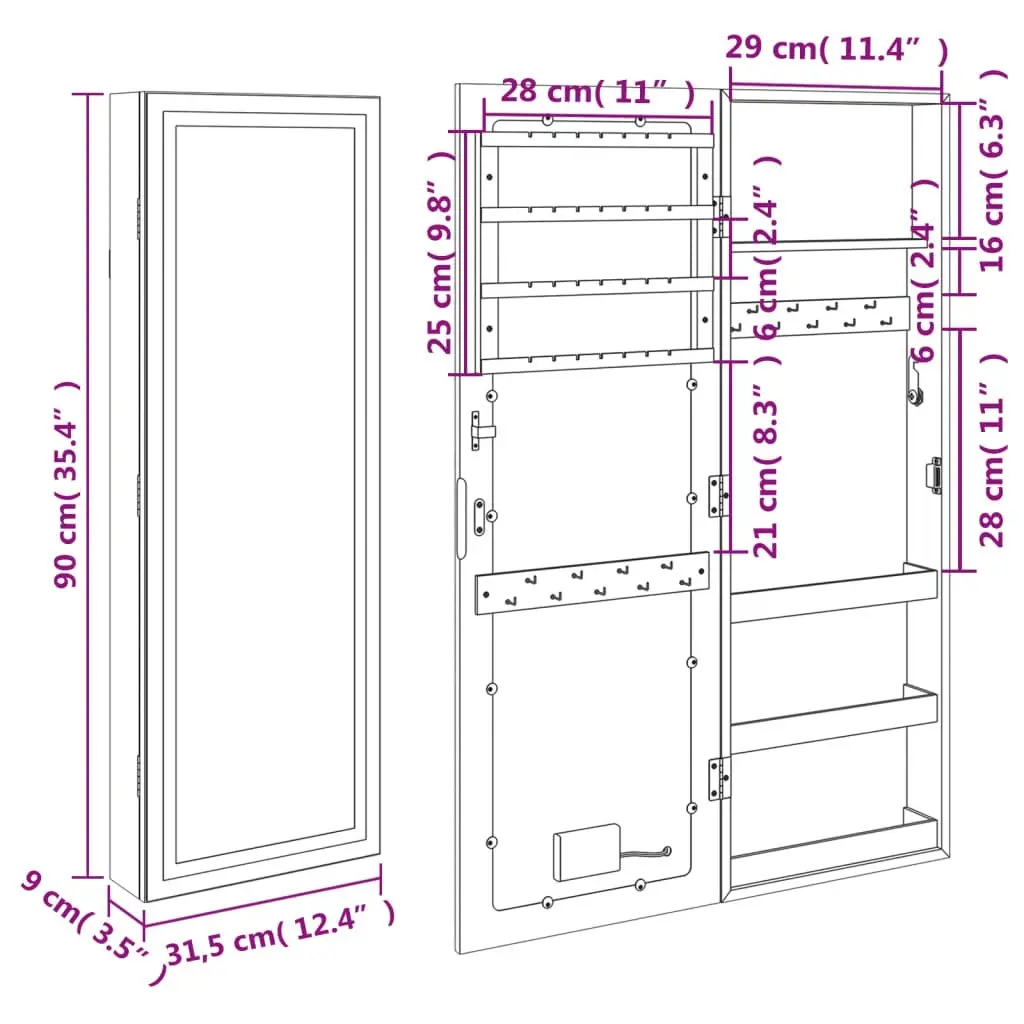 Mirror Jewellery Cabinet with LED Lights Wall Mounted White 353250