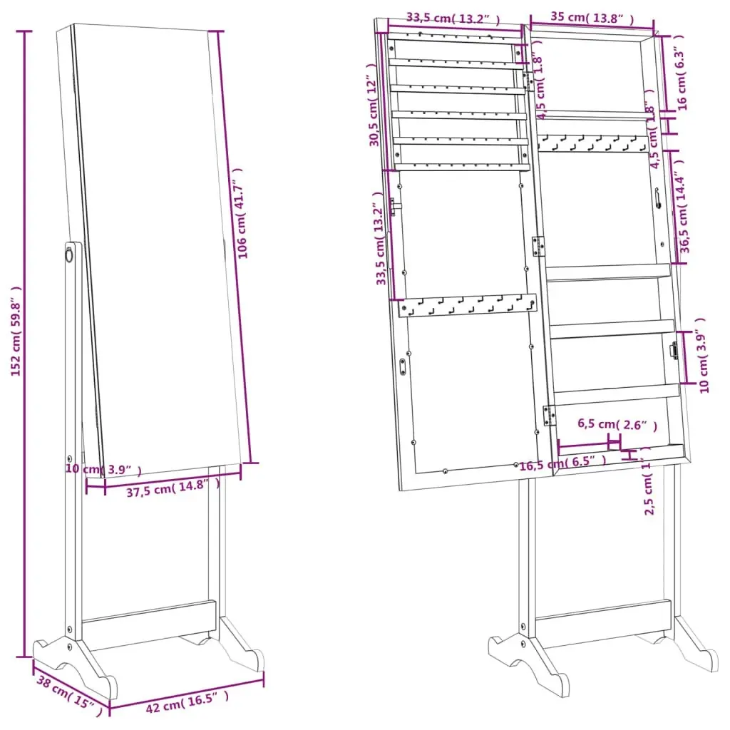 Mirror Jewellery Cabinet Free Standing White 42x38x152 cm 353256