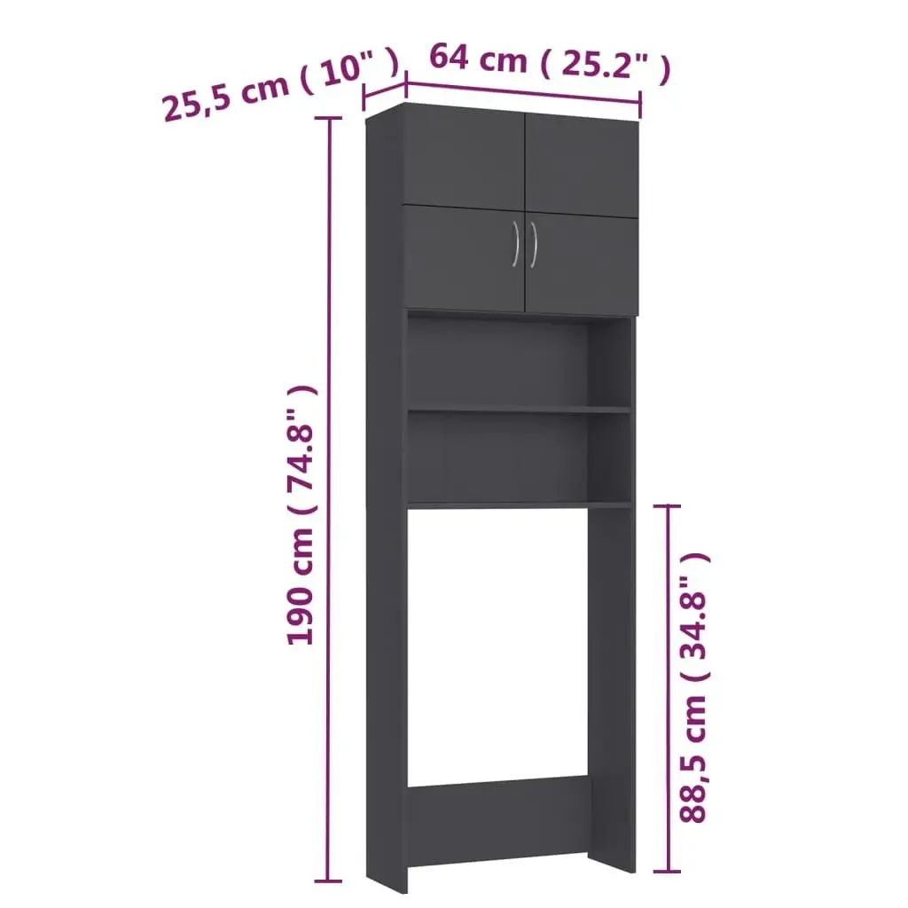 Washing Machine Cabinet Grey 64x25.5x190 cm Engineered Wood 800029