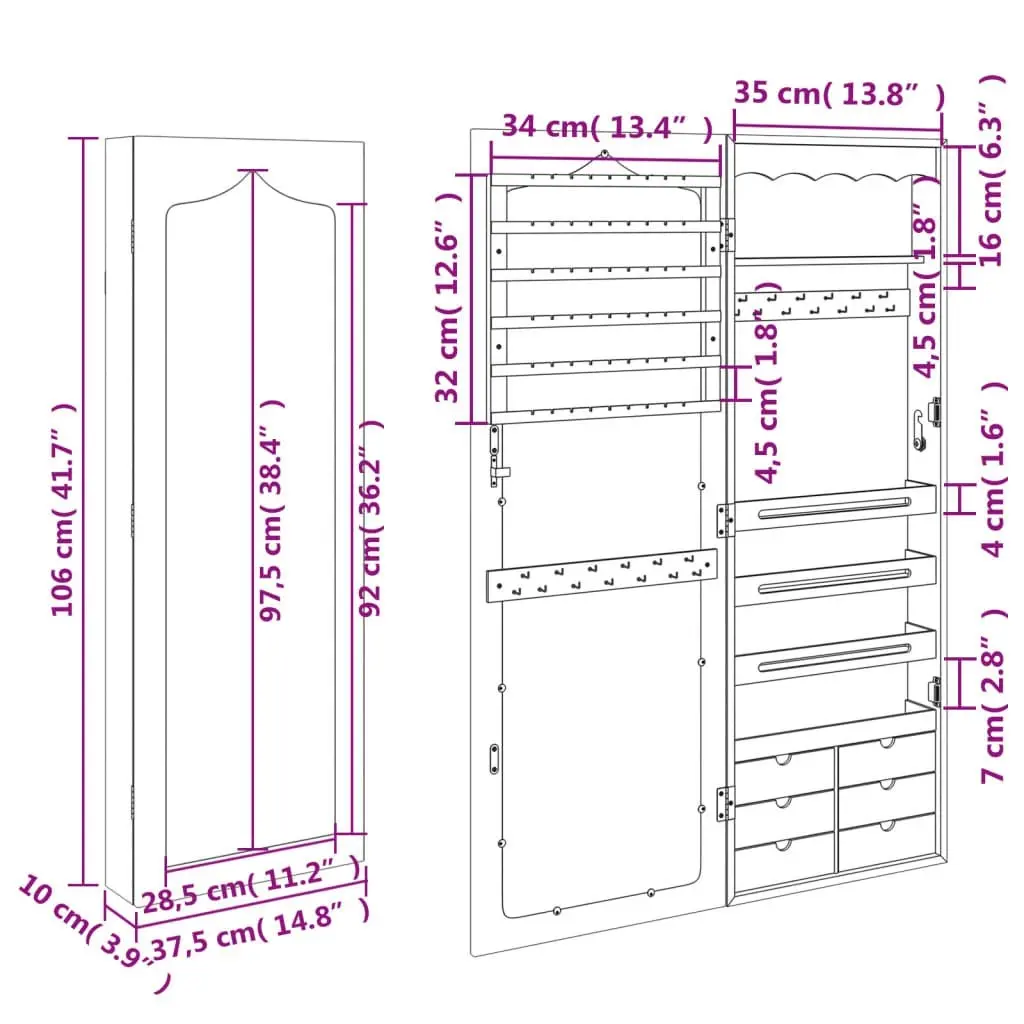 Mirror Jewellery Cabinet Wall Mounted White 37.5x10x106 cm 353226