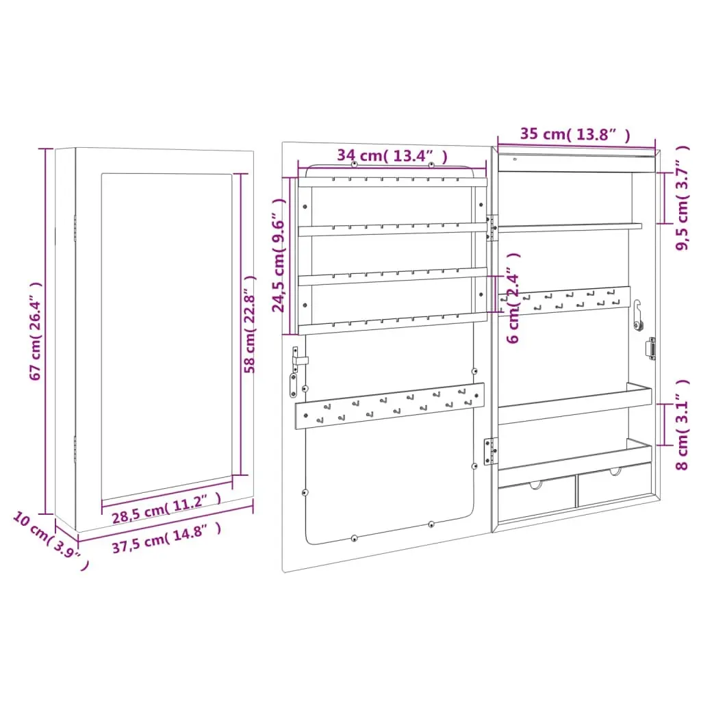 Mirror Jewellery Cabinet with LED Lights Wall Mounted White 353229