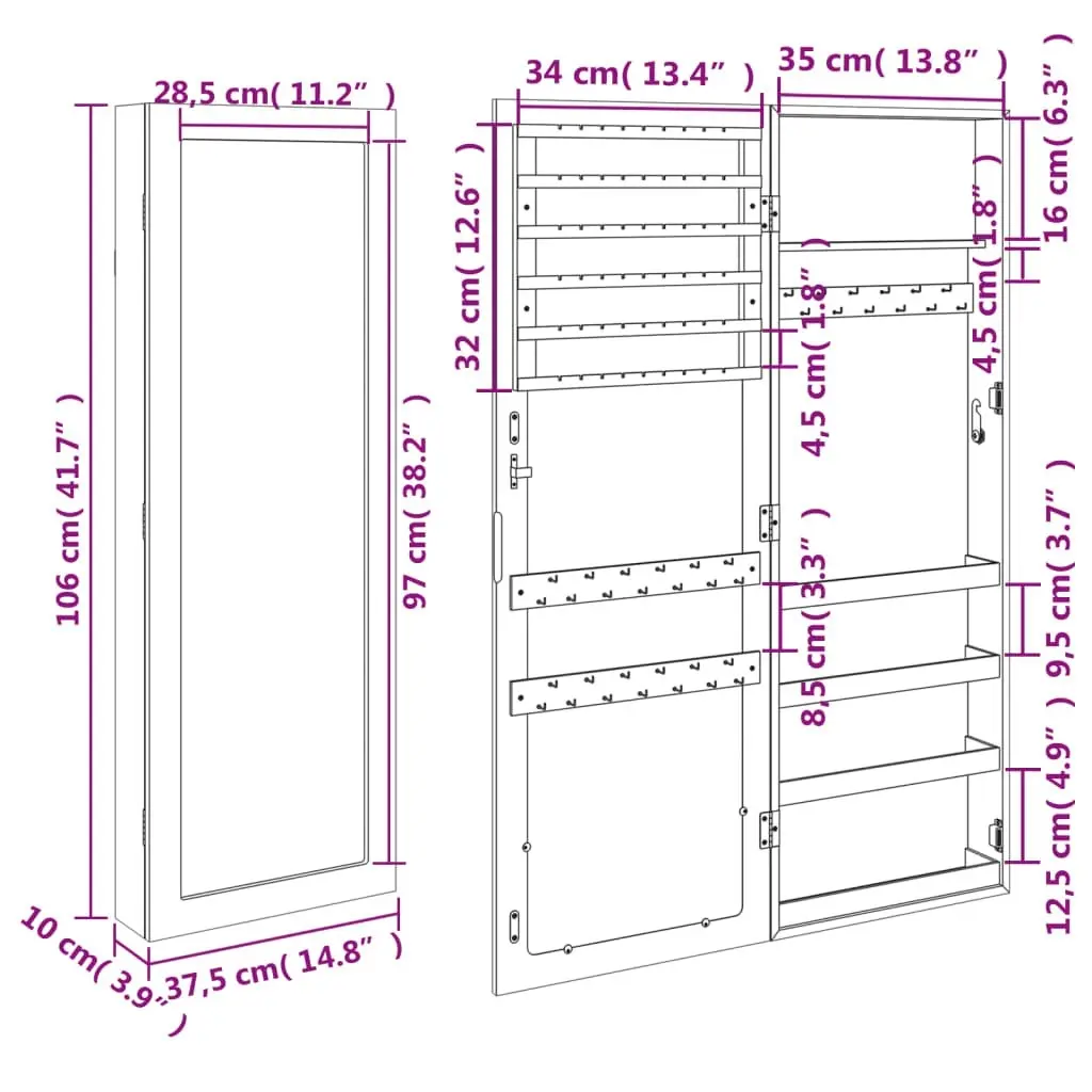 Mirror Jewellery Cabinet Wall Mounted Black 37.5x10x106 cm 353218