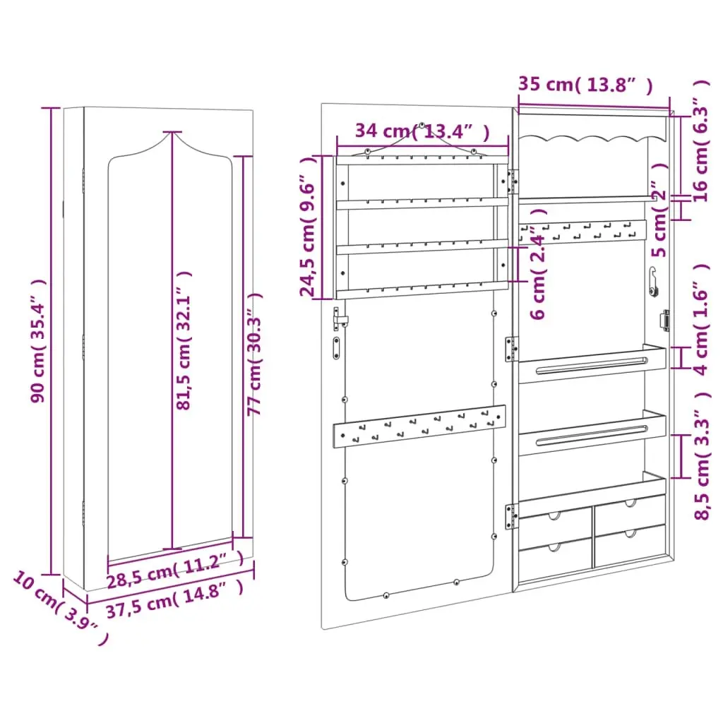 Mirror Jewellery Cabinet Wall Mounted White 37.5x10x90 cm 353223