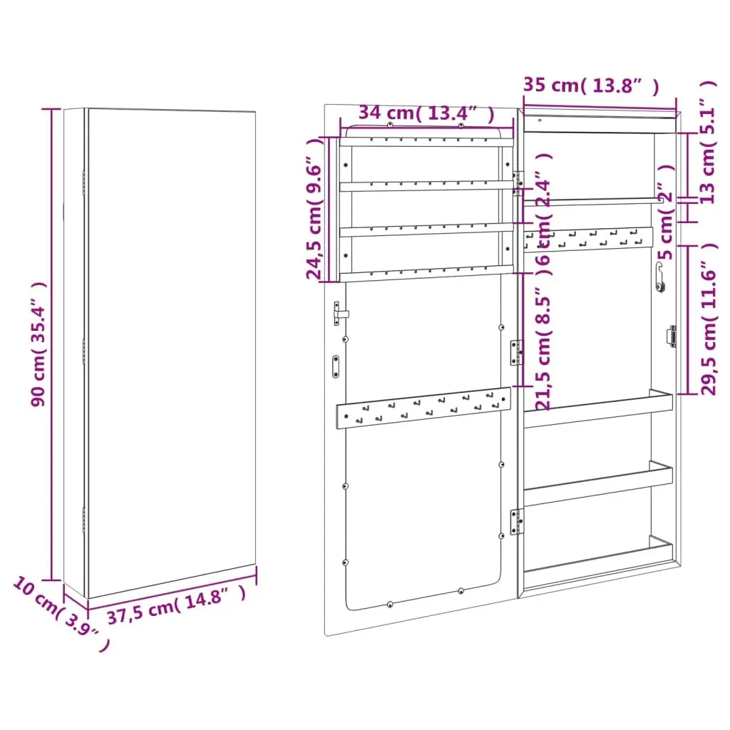 Mirror Jewellery Cabinet with LED Lights Wall Mounted White 353241