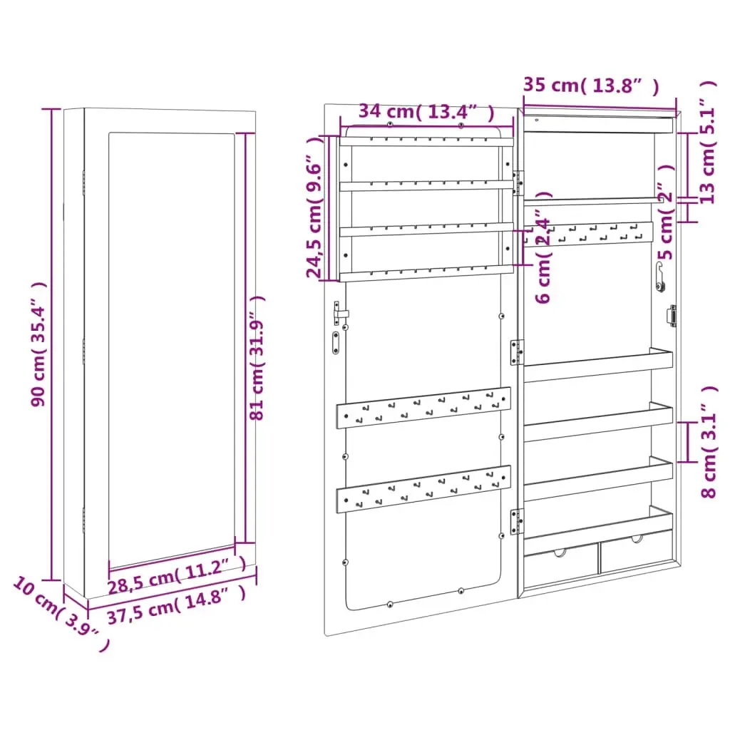 Mirror Jewellery Cabinet with LED Lights Wall Mounted White 353232