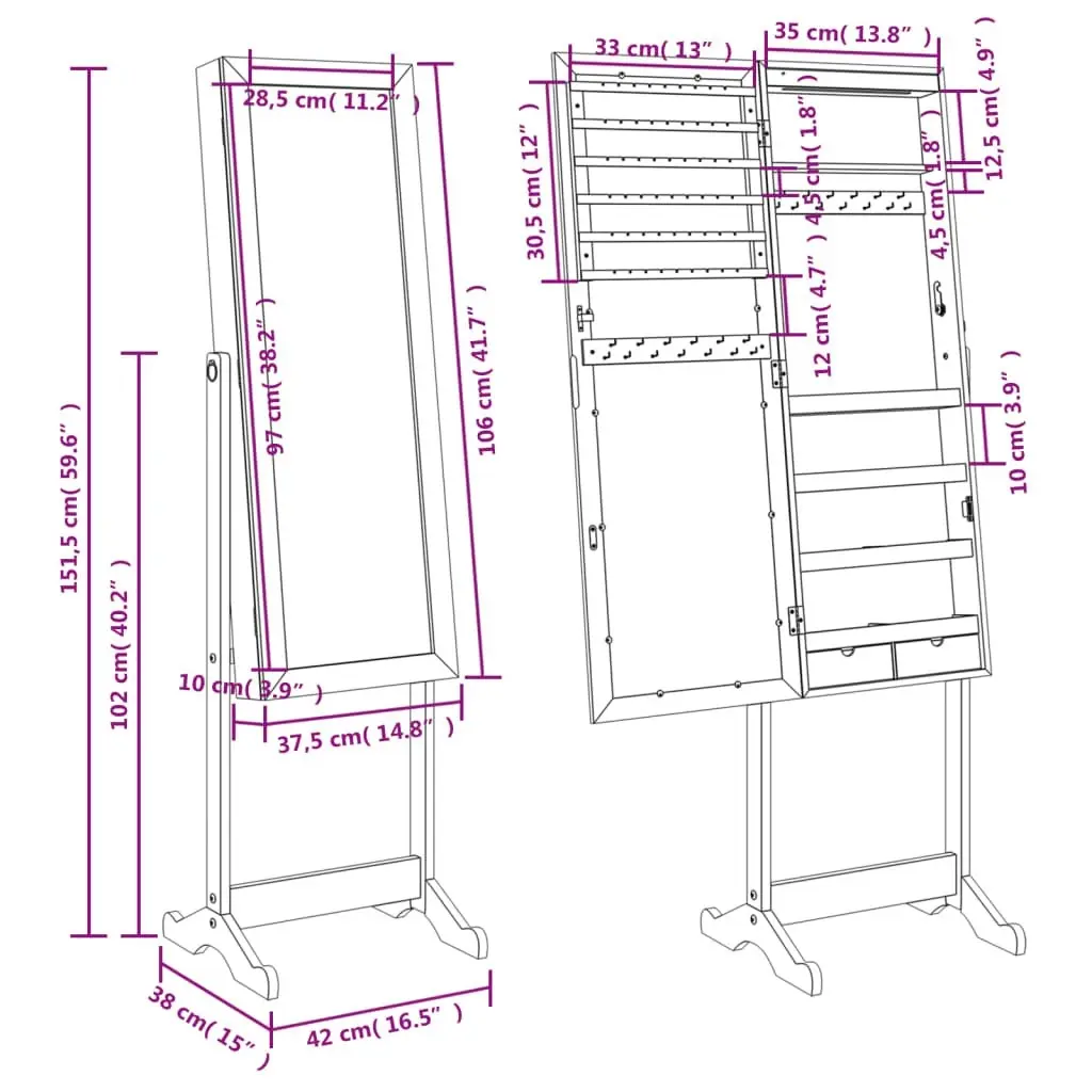 Mirror Jewellery Cabinet with LED Lights Free Standing White 353259