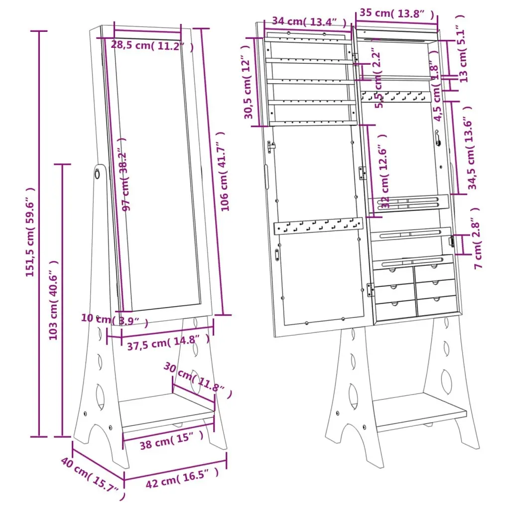 Mirror Jewellery Cabinet with LED Lights Free Standing White 353265