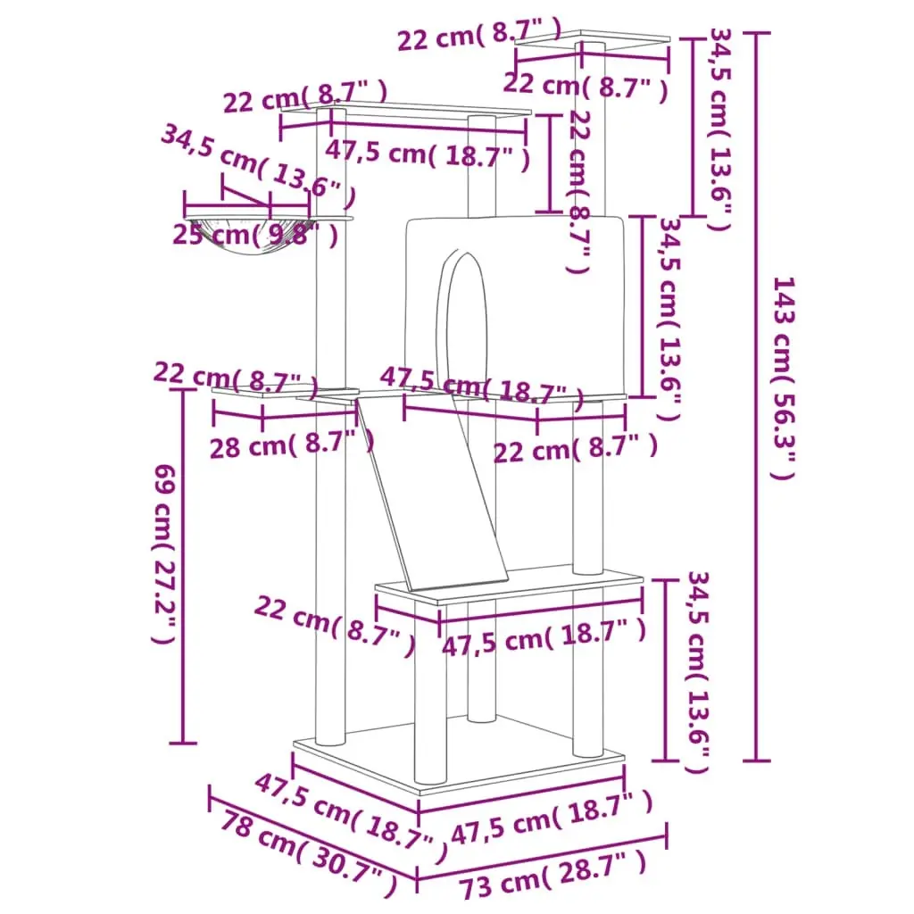 Cat Tree with Sisal Scratching Posts Light Grey 143 cm 171730