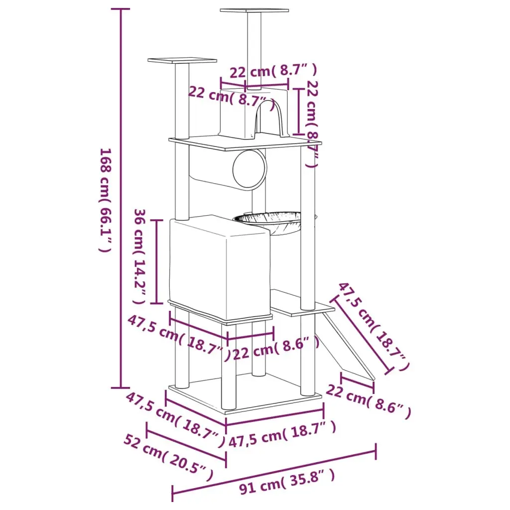 Cat Tree with Sisal Scratching Posts Light Grey 168 cm 171700