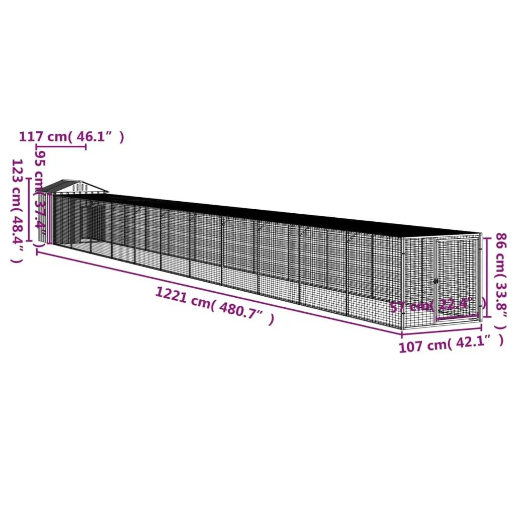 Chicken Cage with Run Light Grey 117x1221x123 cm Galvanised Steel 3189078