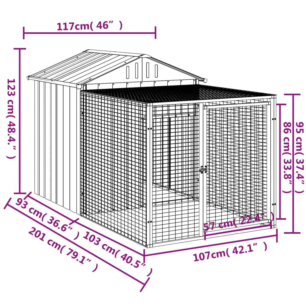 Chicken Cage with Run Light Grey 117x201x123 cm Galvanised Steel 172354