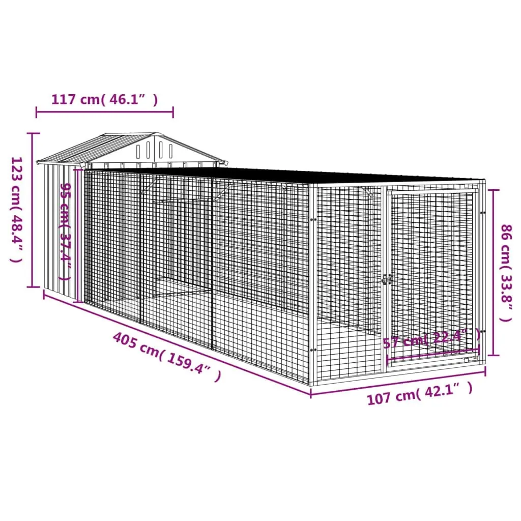 Chicken Cage with Run Light Grey 117x405x123 cm Galvanised Steel 3189074