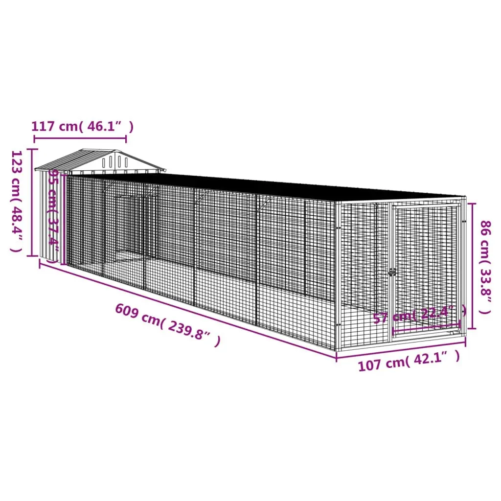 Chicken Cage with Run Light Grey 117x609x123 cm Galvanised Steel 3189075