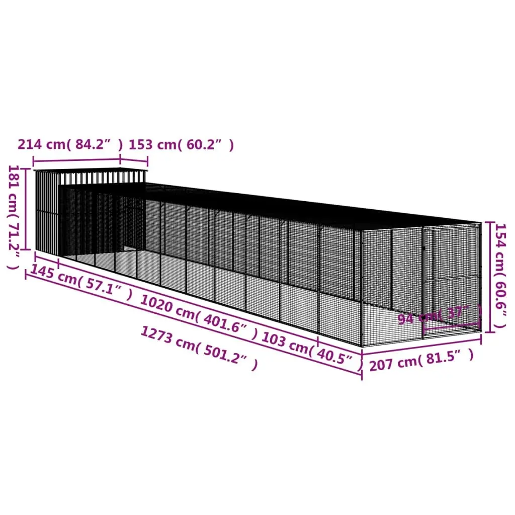 Dog House with Run Anthracite 214x1273x181 cm Galvanised Steel 3189136