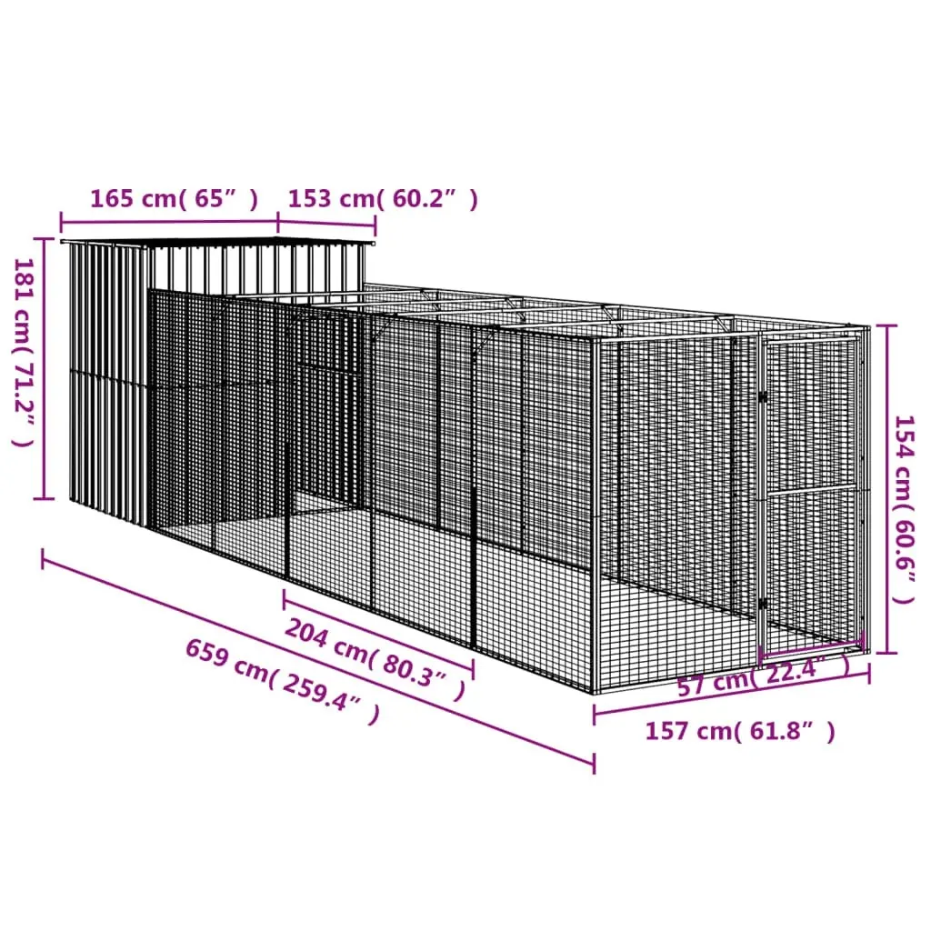 Dog House with Run Anthracite 165x659x181 cm Galvanised Steel 3189100