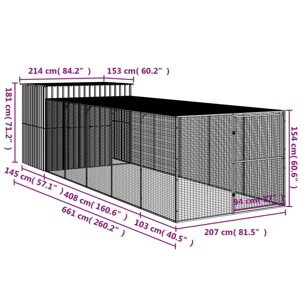 Dog House with Run Anthracite 214x661x181 cm Galvanised Steel 3189133