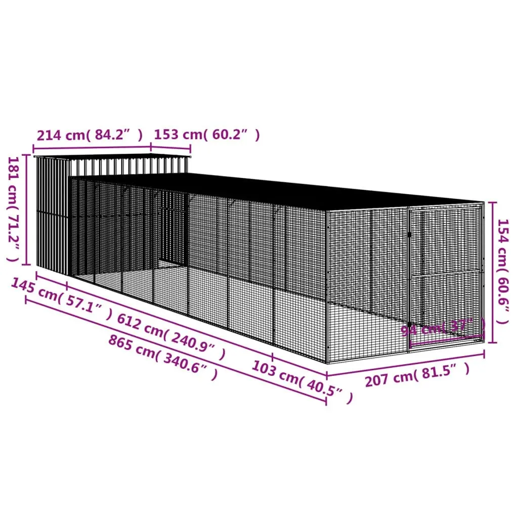 Dog House with Run Anthracite 214x865x181 cm Galvanised Steel 3189134