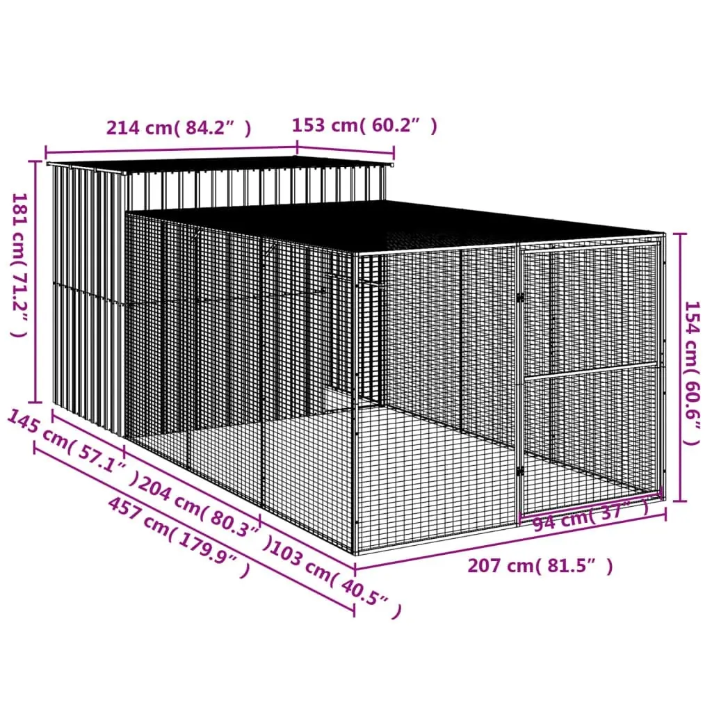 Dog House with Run Light Grey 214x457x181 cm Galvanised Steel 3189138