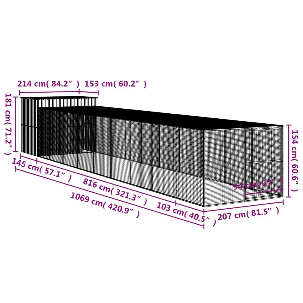 Dog House with Run Light Grey 214x1069x181 cm Galvanised Steel 3189141