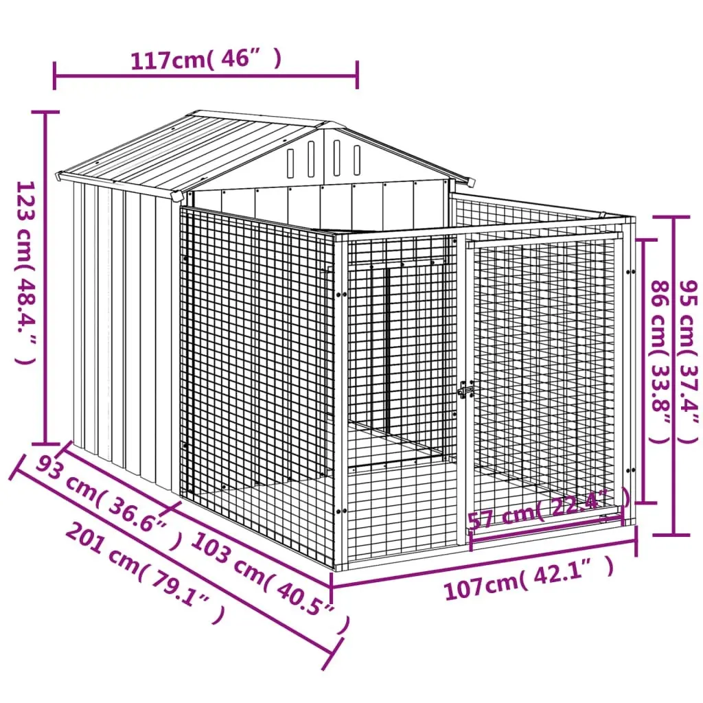 Dog House with Run Light Grey 117x201x123 cm Galvanised Steel 172352