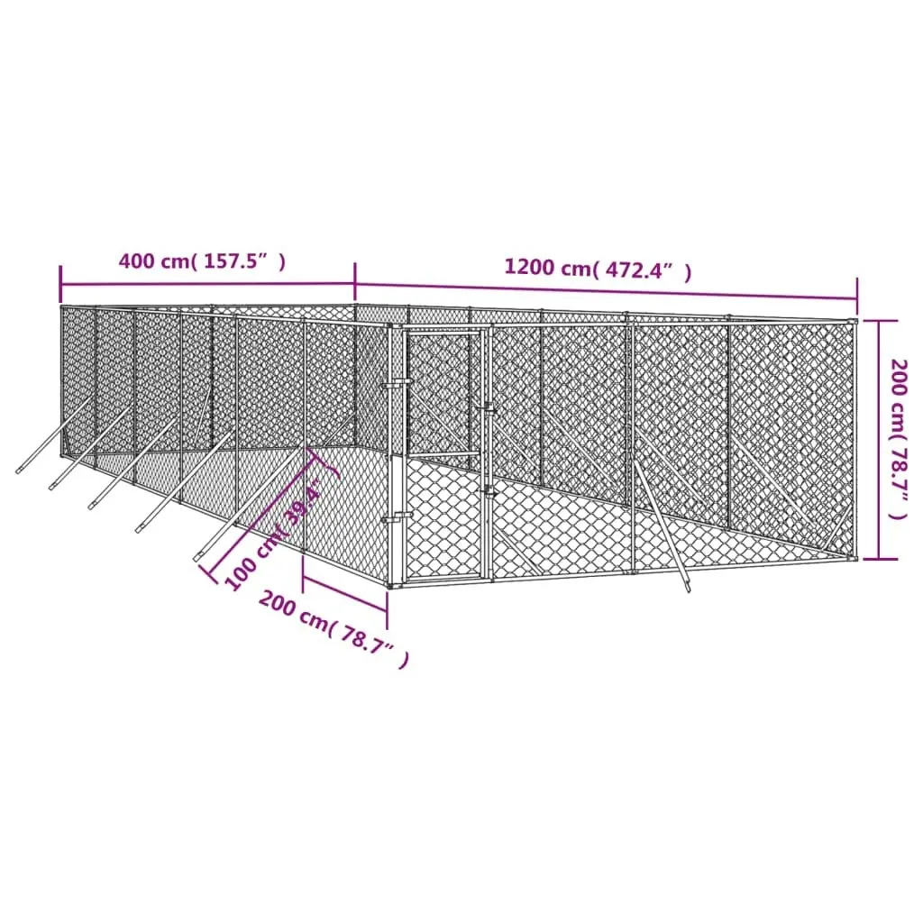 Outdoor Dog Kennel Silver 4x12x2 m Galvanised Steel 3190457