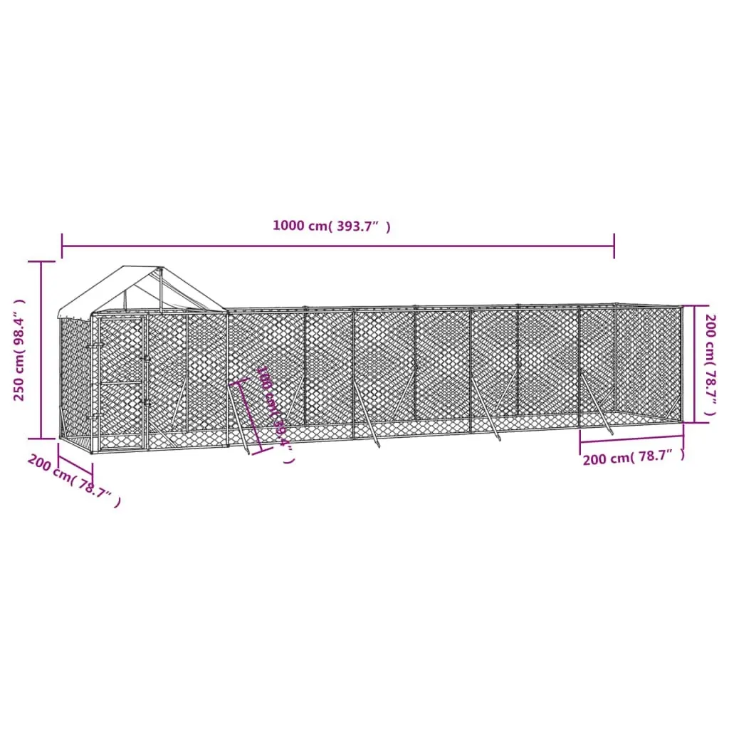 Outdoor Dog Kennel with Roof Silver 10x2x2.5 m Galvanised Steel 3190468