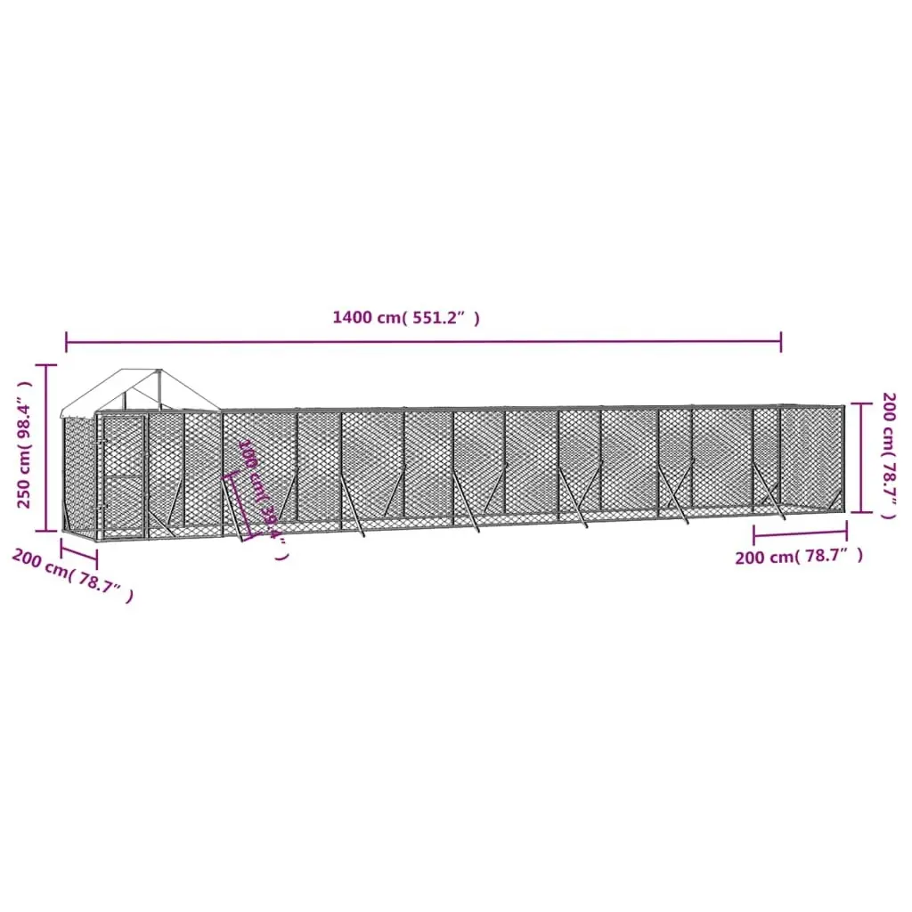 Outdoor Dog Kennel with Roof Silver 14x2x2.5 m Galvanised Steel 3190469