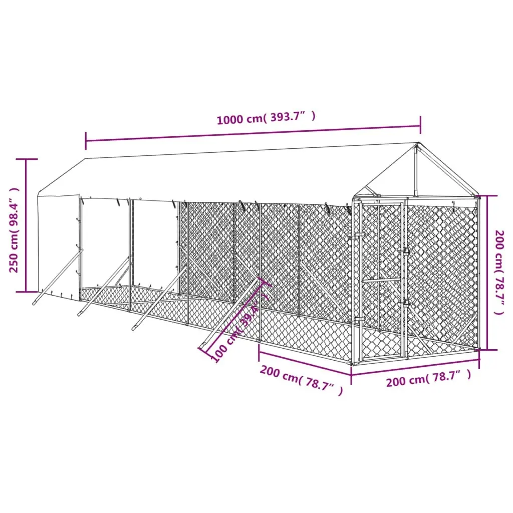 Outdoor Dog Kennel with Roof Silver 2x10x2.5 m Galvanised Steel 3190492