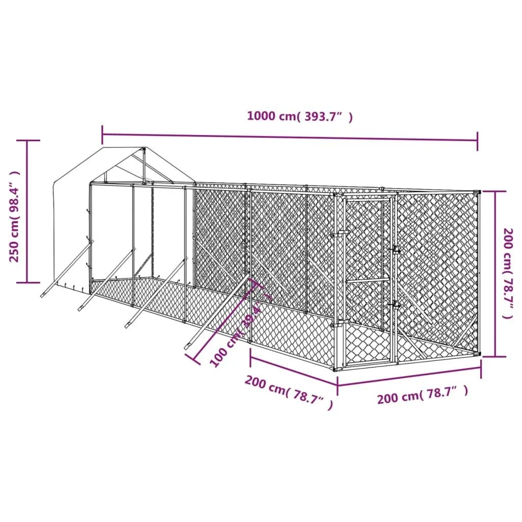 Outdoor Dog Kennel with Roof Silver 2x10x2.5 m Galvanised Steel 3190476