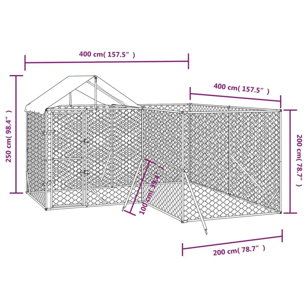 Outdoor Dog Kennel with Roof Silver 4x4x2.5 m Galvanised Steel 3190470