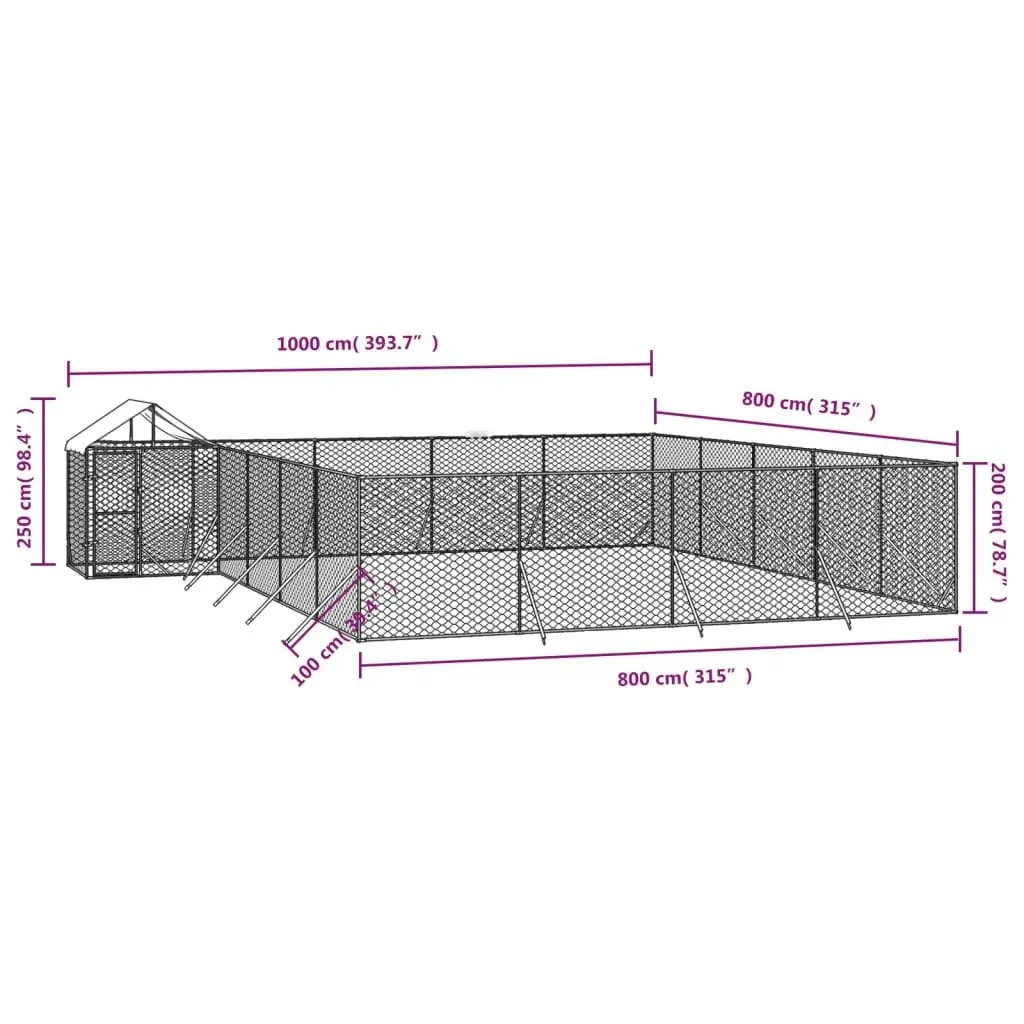 Outdoor Dog Kennel with Roof Silver 10x8x2.5 m Galvanised Steel 3190473