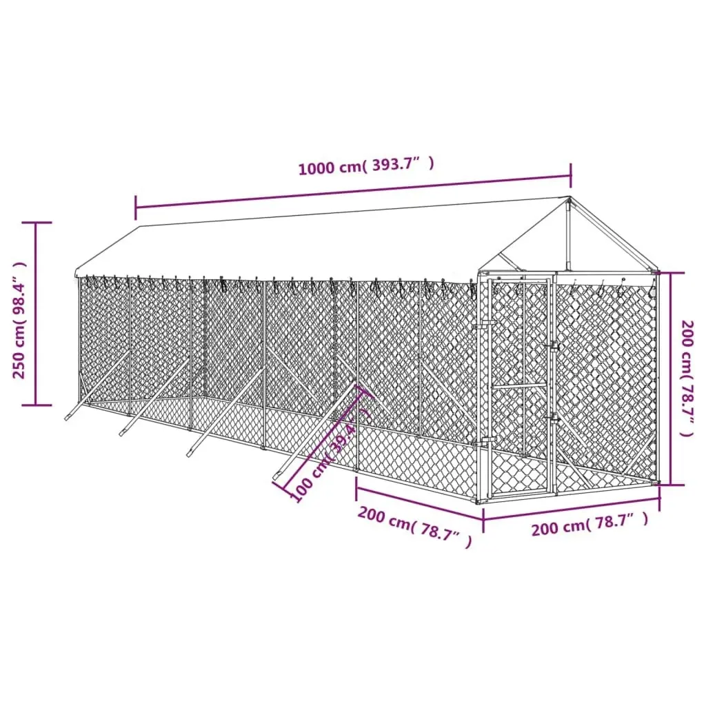 Outdoor Dog Kennel with Roof Silver 2x10x2.5 m Galvanised Steel 3190484