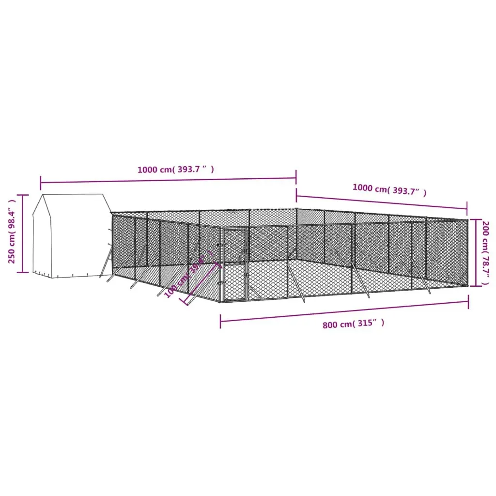 Outdoor Dog Kennel with Roof Silver 10x10x2.5 m Galvanised Steel 3190481