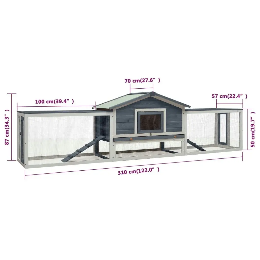 Rabbit Hutch Grey 310x70x87 cm Solid Pine & Fir Wood 170858