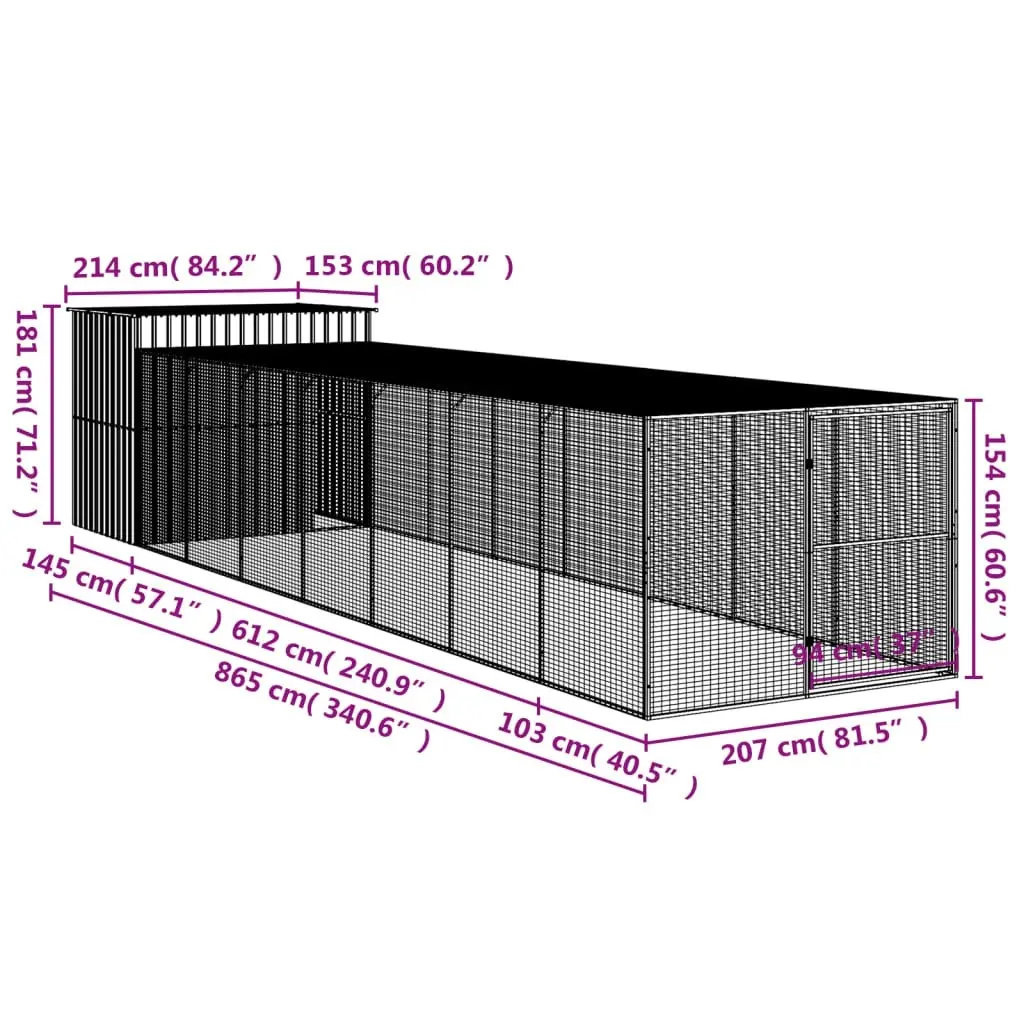 Dog House with Run Light Grey 214x865x181 cm Galvanised Steel 3189140