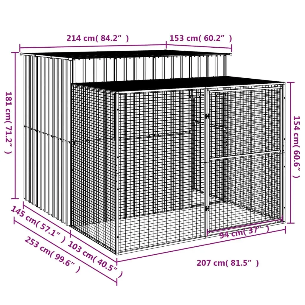 Dog House with Run Light Grey 214x253x181 cm Galvanised Steel 3189137