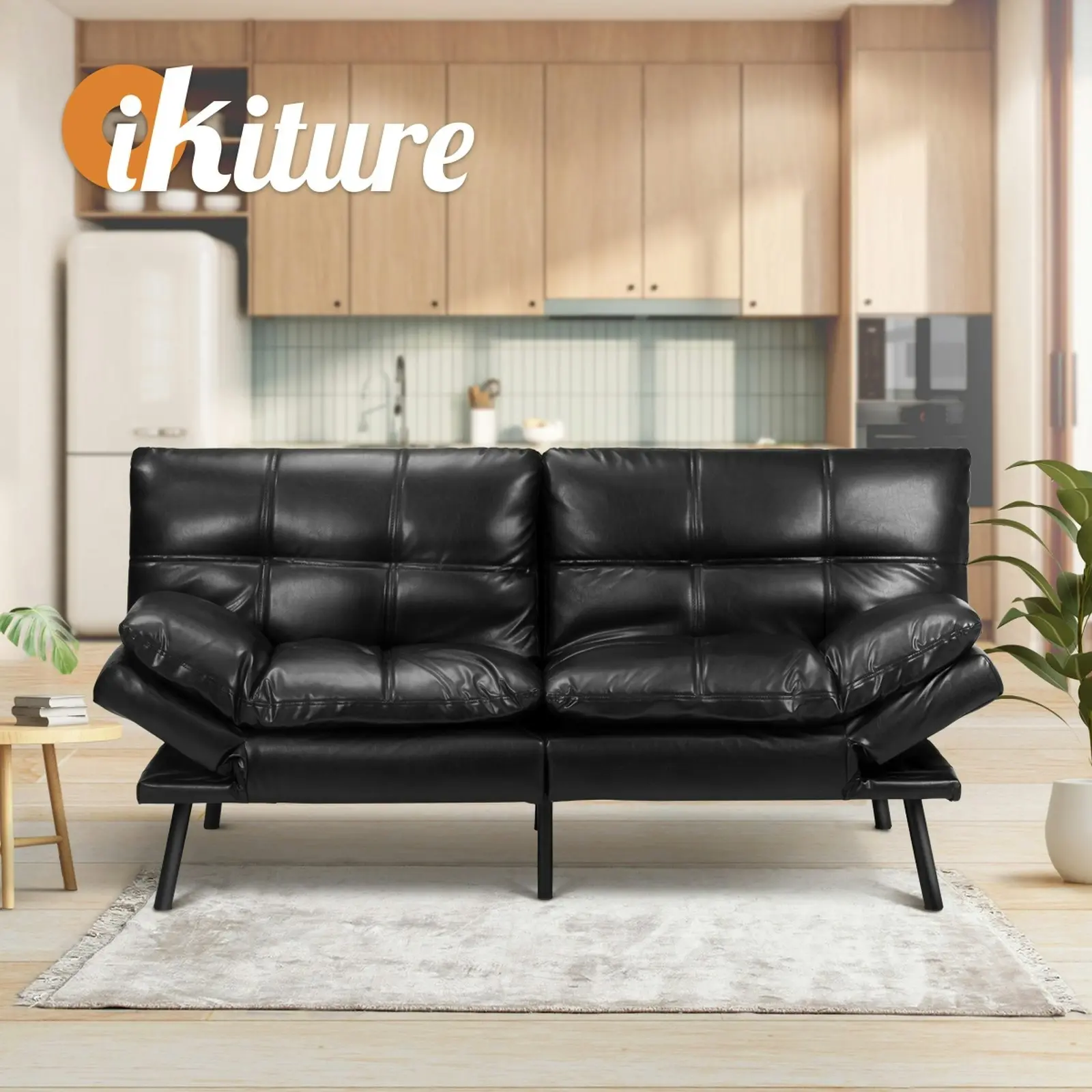 Oikiture Sofa Bed Futon Recliner Lounge Couch Convertible Leather 3-Seater Black