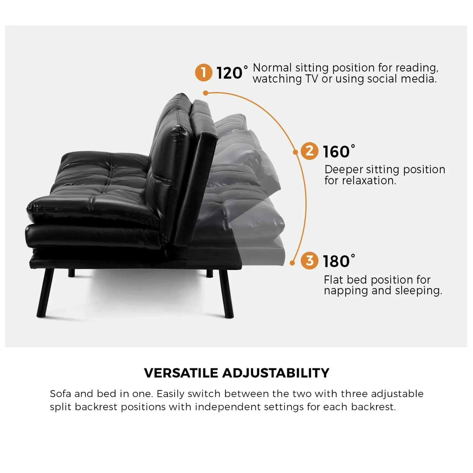 Oikiture Sofa Bed Futon Recliner Lounge Couch Convertible Leather 3-Seater Black