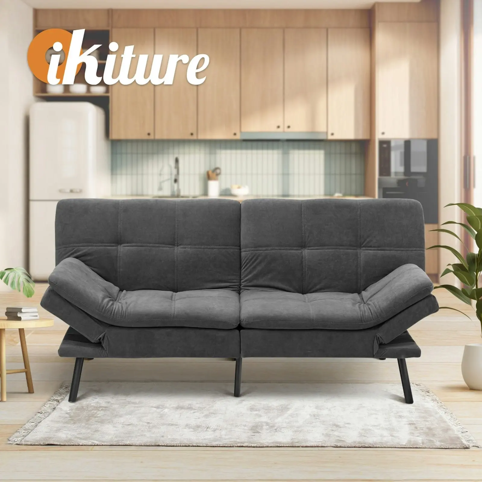 Oikiture Sofa Bed Futon Recliner Lounge Couch Convertible Polyester 3Seater Grey